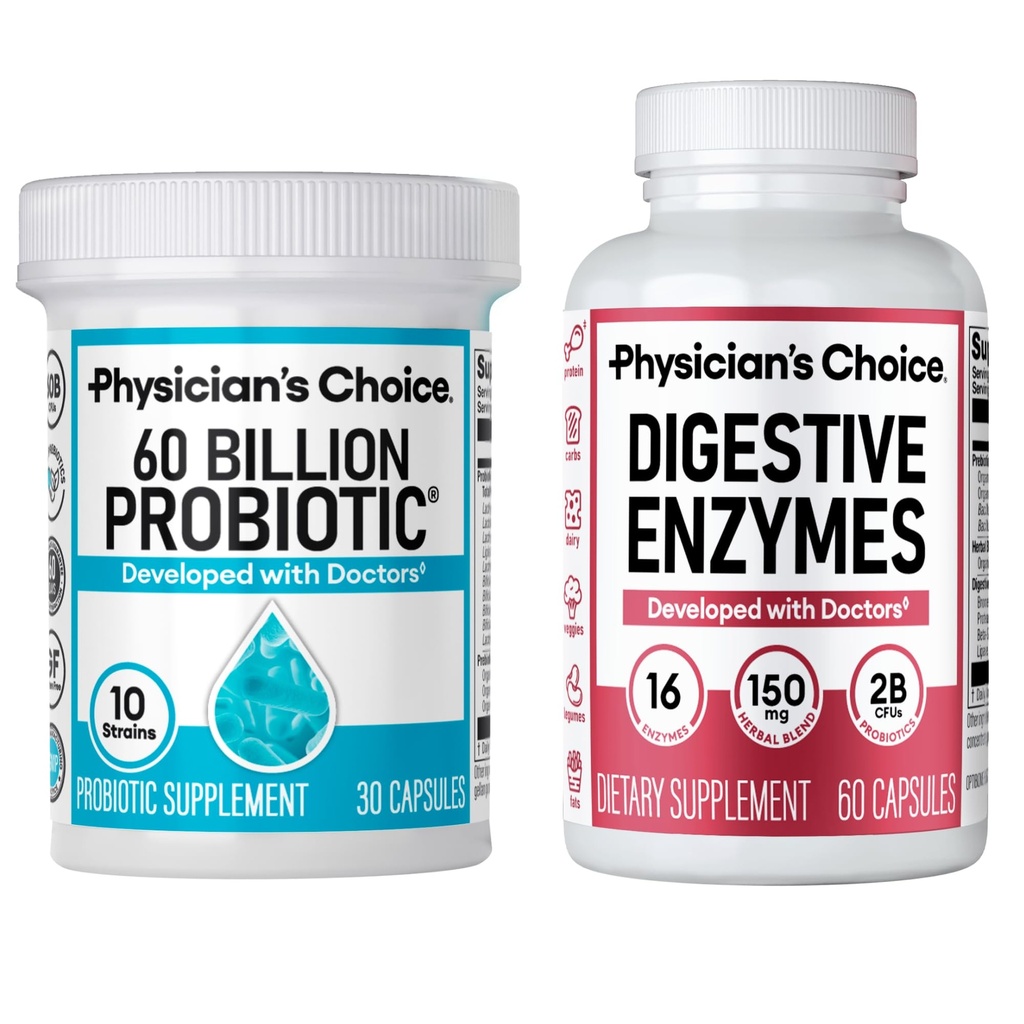 CHOICE de Physician - Optimal Gut Health Bundle: 60 Billion Probiotics + Enzymes Digestivos para Confort Digestivo y Soporte Inmunitario