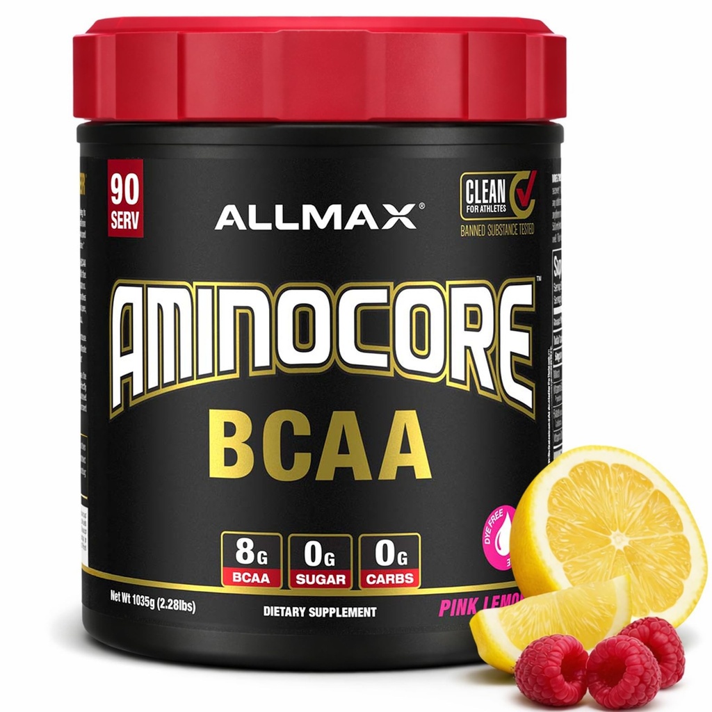 ALLMAX Nutrición AMINOCORE BCAA, Limonada Rosa - 945 g Polvo - 8.18 Gramos de ácidos de cadena ramificados por servicio - con vitaminas B - No Fillers o Aminos no-BCAA - Sugar Gratis - 90 Servings