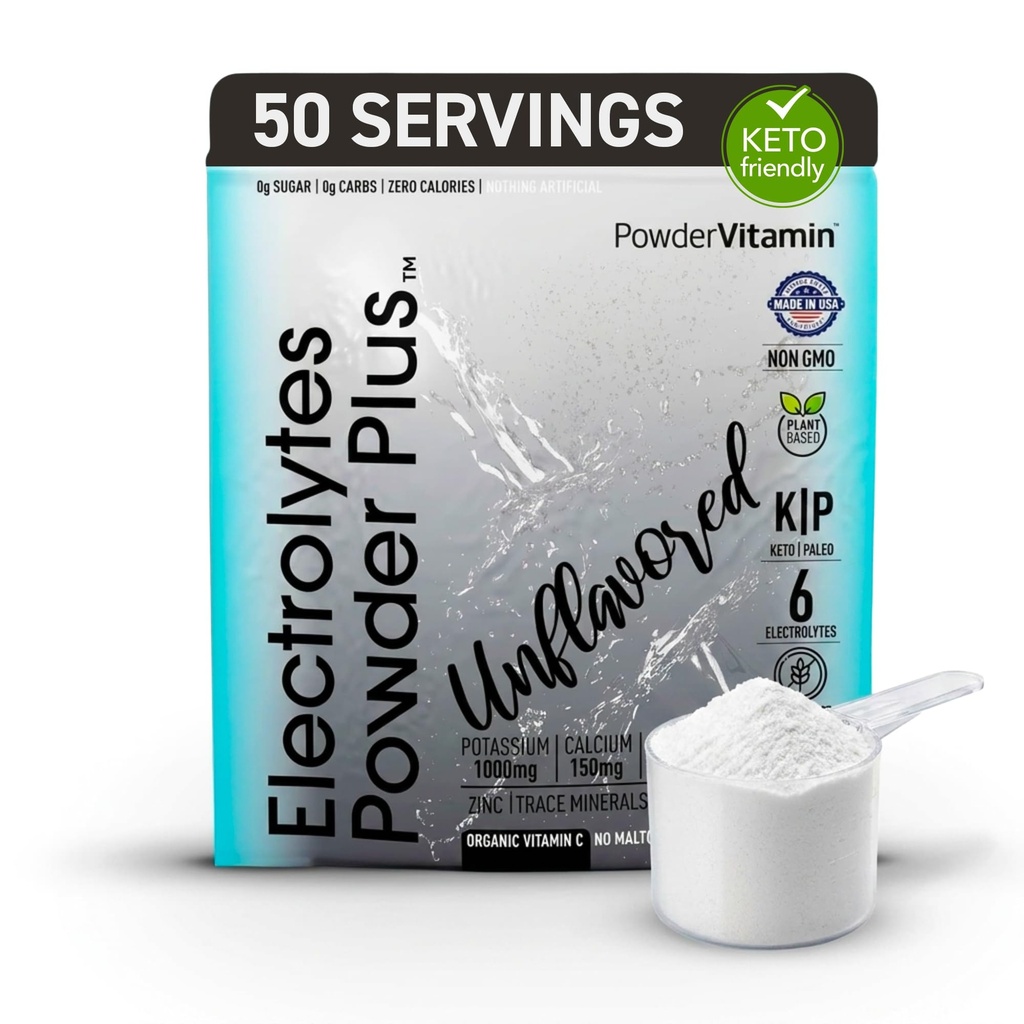 PowderVitamin Electrolytes Powder Plus (50 Servings) Unflavored Electrolyte Powder Keto, Sugar Gratis, Pink Himalayan Salt.,1000mg Potasio, 150mg Calcio,150 mg Magnesio, NO Stevia