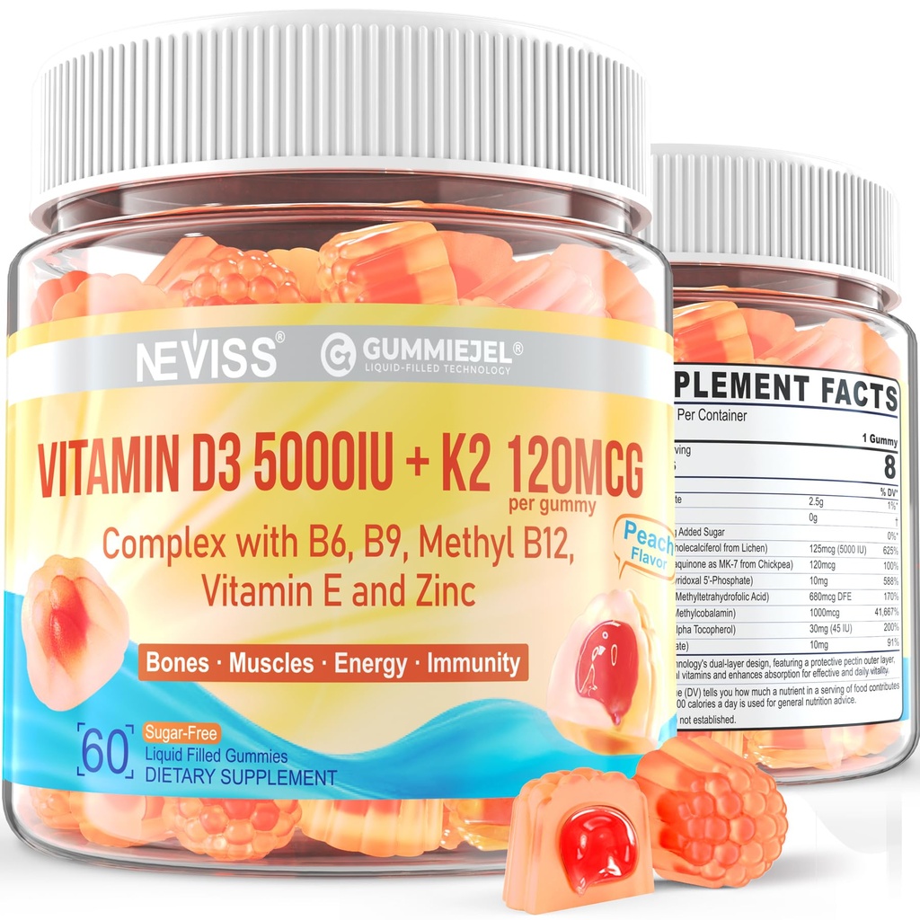 Vitamina D3 5000IU + K2 (MK-7) 120mcg, Vitamina sin azúcar D3 K2 Mangas llenas con Complejo de vitamina B - Metil B12, B9, B6 ← Vitamina E &amp; Zinc, MCT Oil - Soportes Bone &amp; Teeth Strength, Immune, 2PACK
