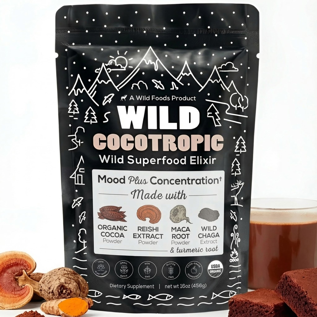 Cocotrópico orgánico Cacao Caliente - Café Mushroom Alternativa ANTE Sugar Chocolate caliente gratuito ¦ Orgánica Cocoa Powder, Reishi Mushrooms, Chaga, Maca Root, Turmeric ¦ Delicious Sustained Focus, Energy & Mood Sin Jitters ← 16oz