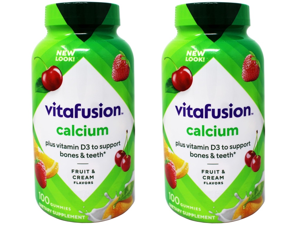 VitaFusion Calcio 500 mg Suplemento dietético Gummies Frutas naturales y sabores de crema - 100 ct, Pack de 2