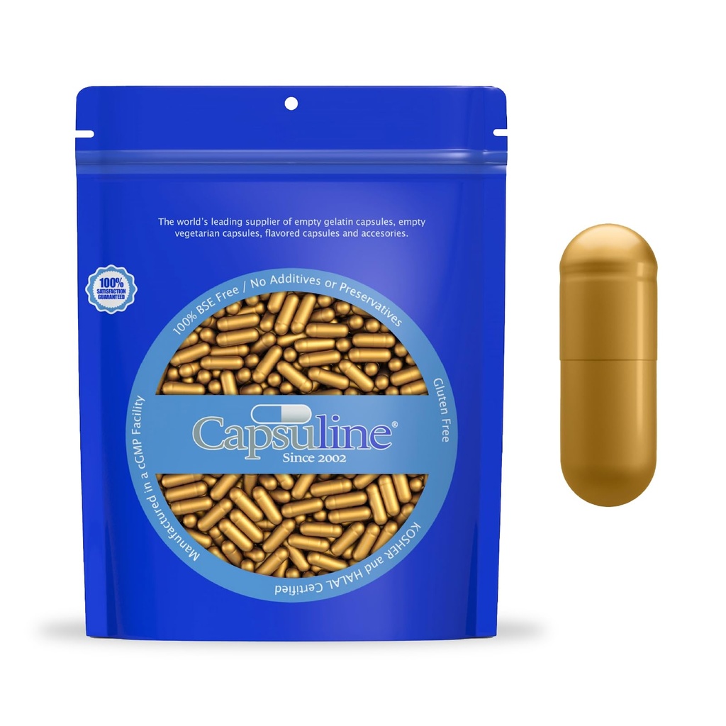 Capsuline Size 0 - Colored Gold Empty Gelatin Capsules - 1000 Count - Empty Gel Pill Capsules - DIY Pure Bovine Pill Capsule Filling - Empty Caps - Kosher y Halal Certified