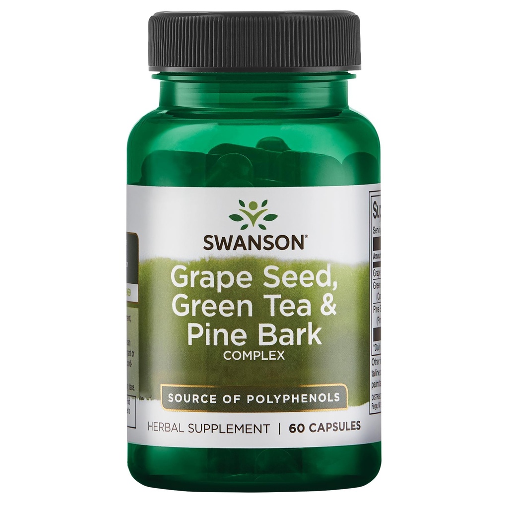 Swanson Grape Seed Green Tea &amp; Pine Bark Complex Health Antioxidant Support Polyphenols OPCS Herbal Suplemento 60 cápsulas (Caps)