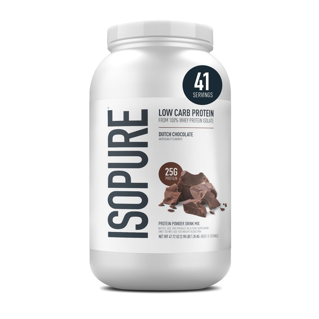 Isopure Low Carb 100% Pure Whey Isolate Protein Powder, Lactose Free, Gluten Free, With Vitamins, Dutch Chocolate, 25g Protein Por Serving, 3.07 Lbs, 41 Servings (Packaging May Vary)
