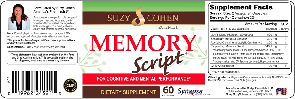 Suzy Cohen Memory Script with Lions Mane, Phosphatidylserine, Green Tea Extract and Ginkgo - Brain Support Supplement for Focus - Nootropic Capsules for Cognition, Faster Recall y Mood