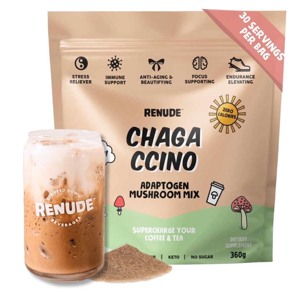 Renude Chagaccino - Chaga Mushroom Powder, Mushroom Coffee Drink Mix with Adaptogens, Natural Energy and Immune Support, Vegan, Keto, Zero Calorie Mushroom Blend Powder - 30 Servimientos