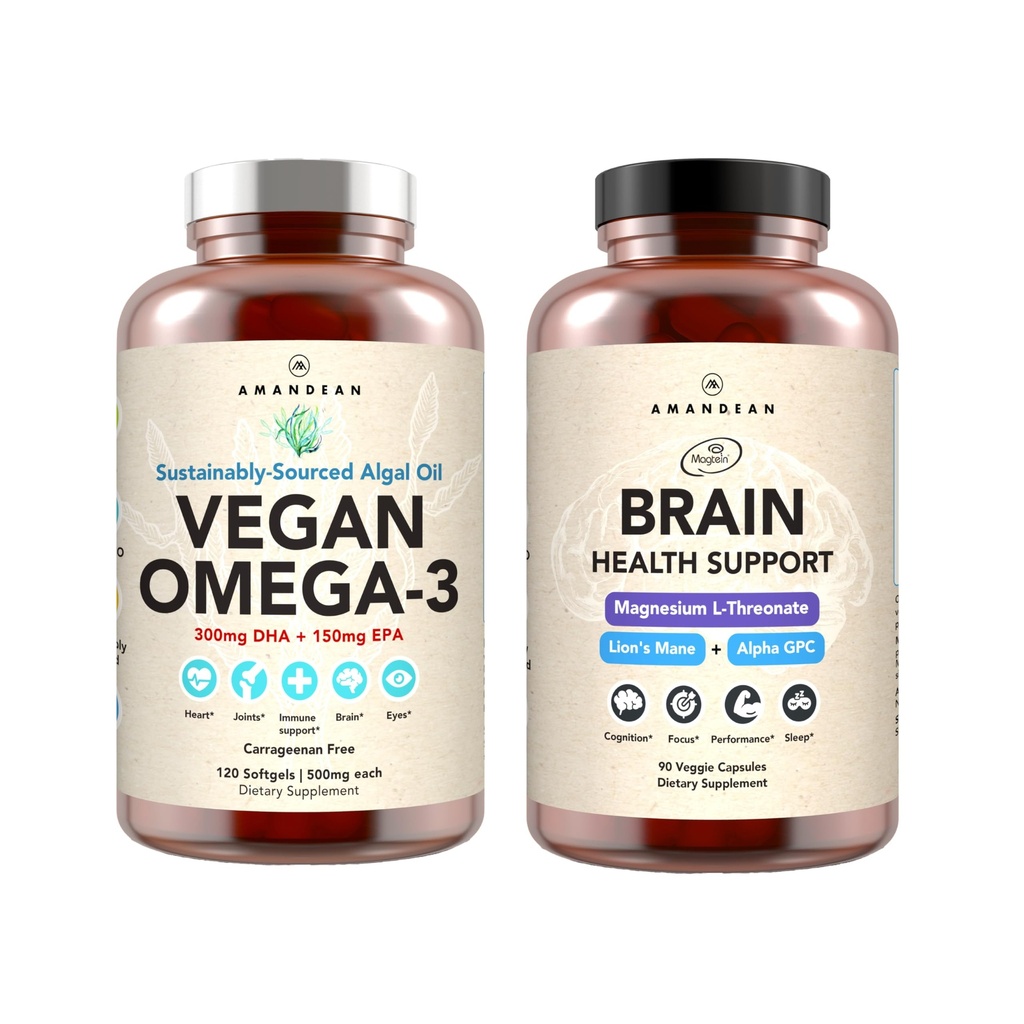 AMANDEAN Brain & Vegan Omega-3 Bundle: Magnesium Threonate, USA-Grown Lion's Mane 6:1, Alpha-GPC & Algae DHA/EPA. Grasas esenciales de base vegetal para la salud cerebral, del ojo, del corazón. Fish Oil Alternative.