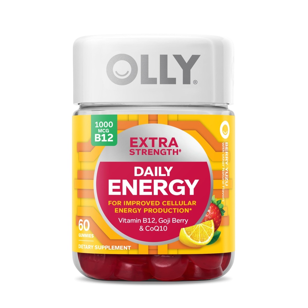 OLLY Ultra Strength Hair, Extra Strength Daily Energy, Biotin, Keratin, Vitamina B12, CoQ10, Goji Berry Gummy Suplemento Bundle - 30 Cuenta, 60 Cuenta