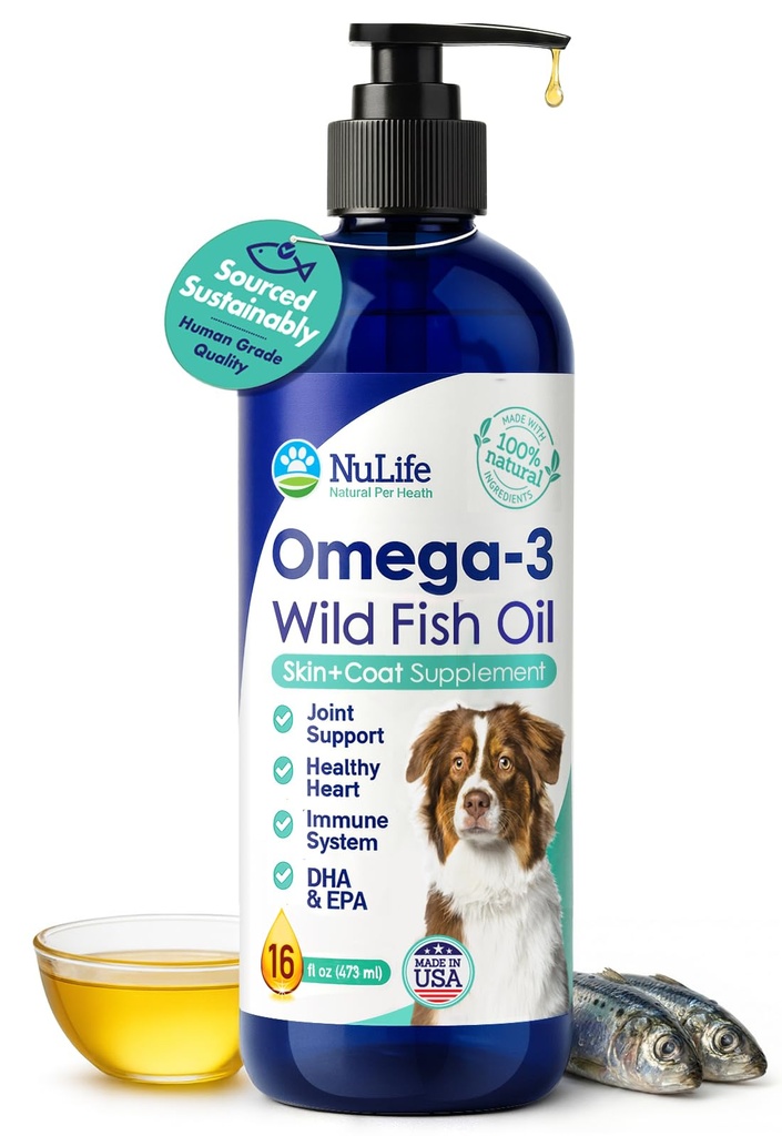Aceite de pescado líquido para perros con Omega 3, 6 &amp; 9 ácidos grasos, Wild Caught from Iceland, Skin and Coat Supplement for Shedding, Itchy Skin, Alergies, Brain and Heart Health, Rich in EPA + DHA - 16 oz
