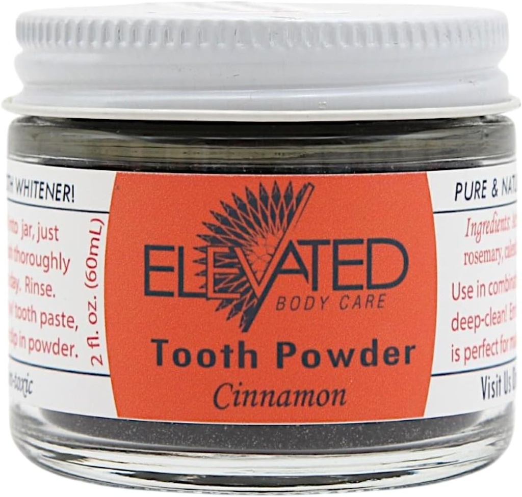 Elevated Tooth Powder Natural with Xylitol & Activated Charcoal • Herbal • Vegan • Almacenado en Jar de vidrio - Mint o canela - Hecho en EE.UU. (2 onzas)