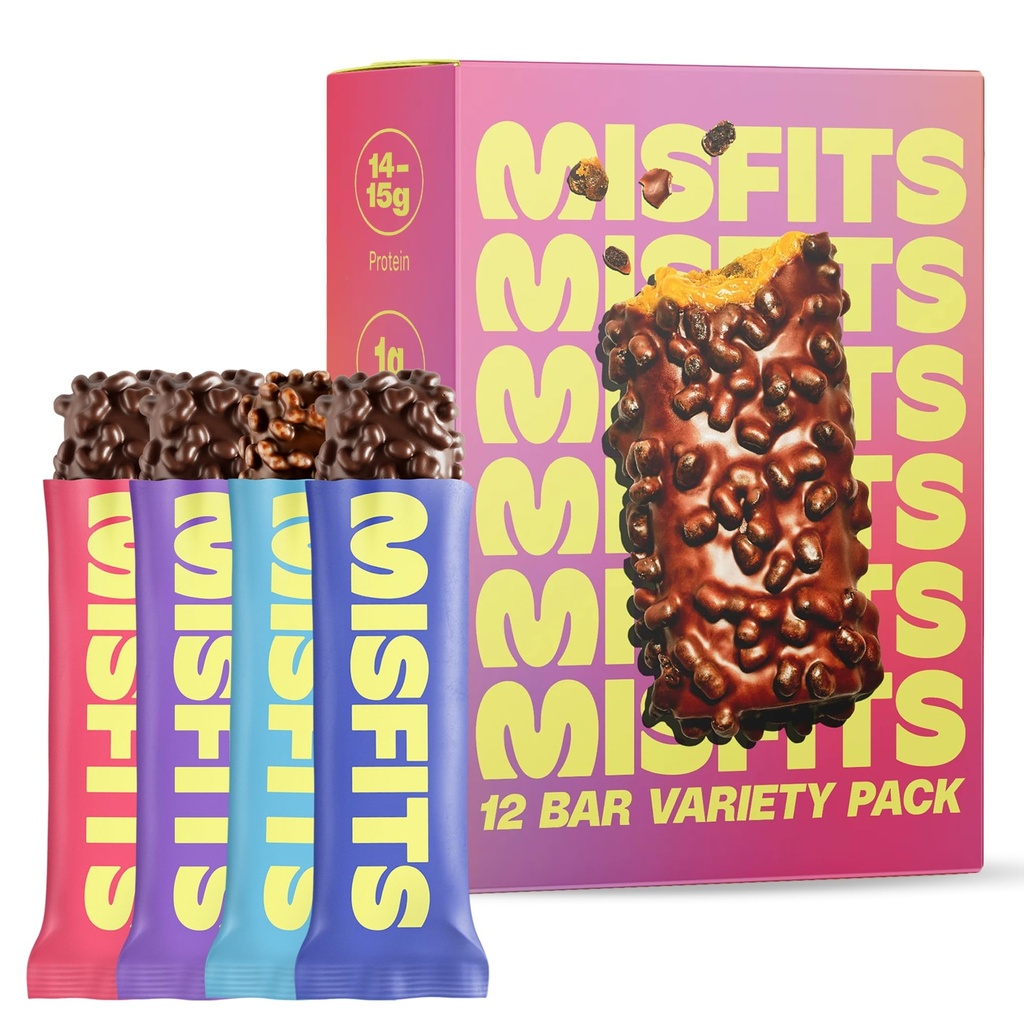 Misfits Protein Bares - High Protein Candy Bars TEN Gluten Free Plant Based, Low Sugar & Carb, High Fiber Snacks ANTE Variety Pack of 12 (4 Flavors)