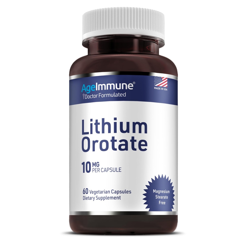 Litio Orotate Suplemento 10mg, 60 cápsulas vegetarianas. Apoya la memoria y el bienestar emocional. Suplementos gratis de esteato de magnesio. (1)