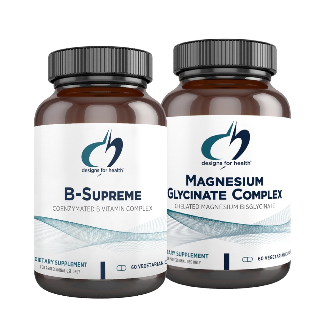 Diseños para Complejo Glycinate de Magnesio de Salud (60 cápsulas) & B-Supreme (60 cápsulas) Bundle - B Complejo de Vitamina con Suplemento de Magnesio de Alta Absorción