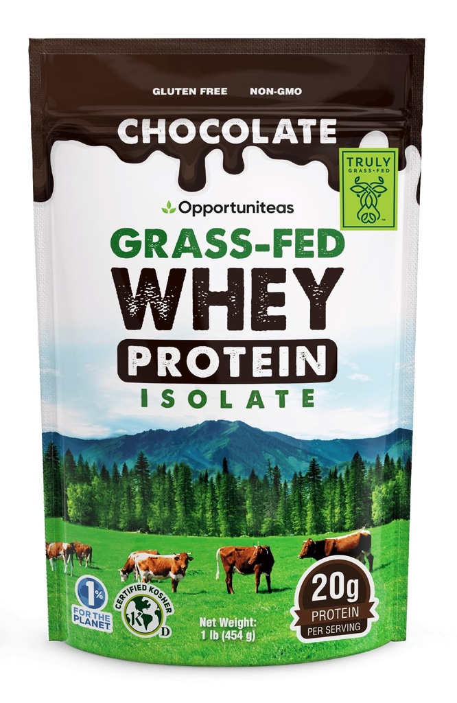 Opportuniteas Grass Fed Chocolate Whey Protein Isolate Powder - 20g Protein Powder Sin Sweeteners artificiales, Vacas Feliz sin hormonas, No GMO - 1lb