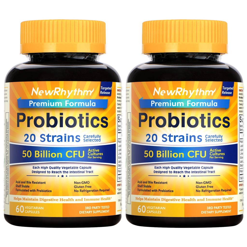 NewRhythm Probiotics 50 Billion CFU 20 Strains, 120 Veggie Capsules, Tecnología de liberación dirigida, resistente a los ácidos estomacales, sin necesidad de refrigeración, no GMO, Gluten Free