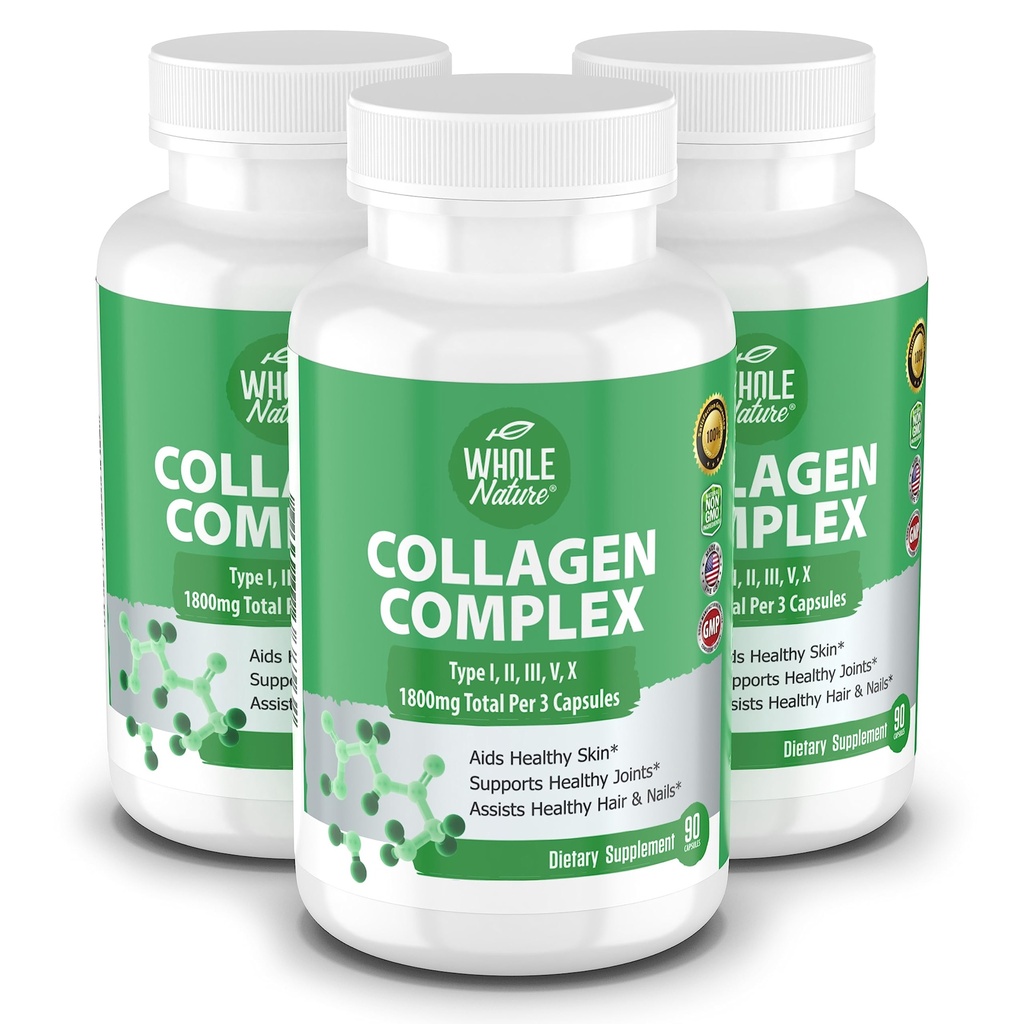 Multi Collagen Protein Peptides suplemento cápsulas - 1800mg Complejo Collagen Tipos I, II, III, V, X - Soporte conjunto, Pelo sano, Esquí, uñas, vitaminas de belleza, 100% natural, no GMO 270ct (3)