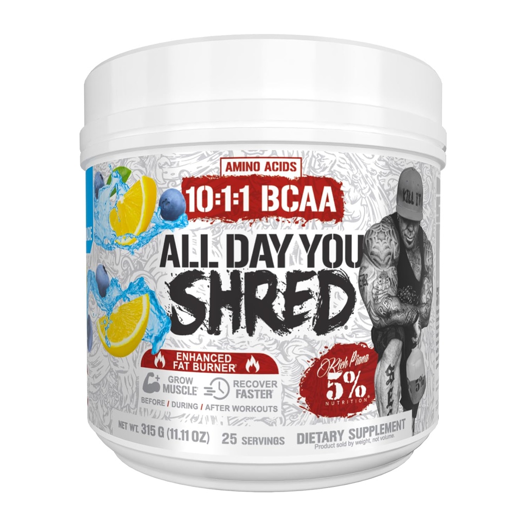 5% Nutrición Rich Piana AllDayYou Shred BCAA Powder ← Suplemento de Aminoácidos para la pérdida de peso ← Elite Fat Burning Pre Workout for Energy, Hydration, Endurance & Recovery (Blueberry Lemonade)