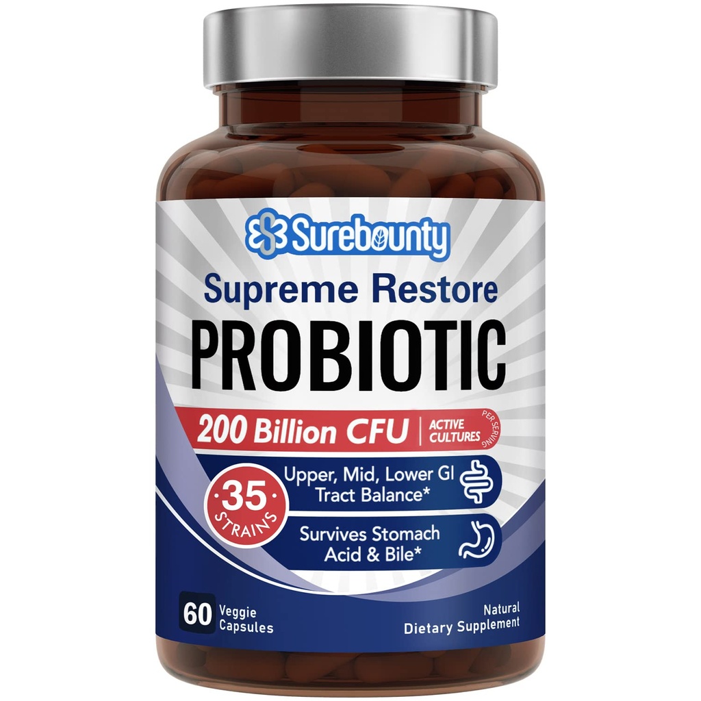 Probiótico para Hombres &amp; Mujeres, 200 Billones CFU 35 Estrados, Prebióticos + Enzimas Digestivos, Suplemento Probiótico de Restauración Suprema, Alto, Media, Bajo GI Tract Balance, 60 Veggie Capsules, 1 Mes