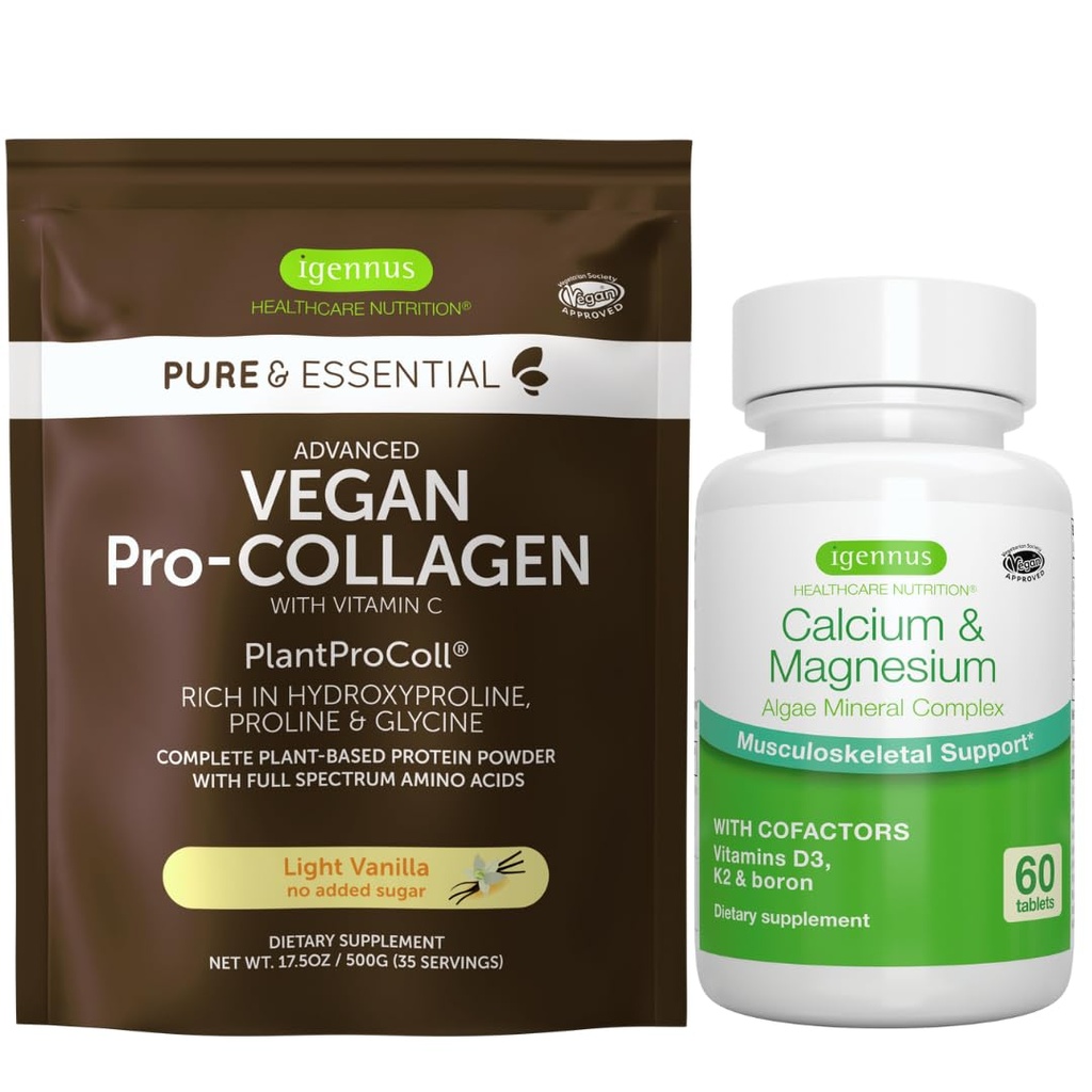Vegan Vanilla Collagen Protein Powder + Calcio &amp; Magnesium Complex Bundle, Comprehensive Bone Support, by Igennus