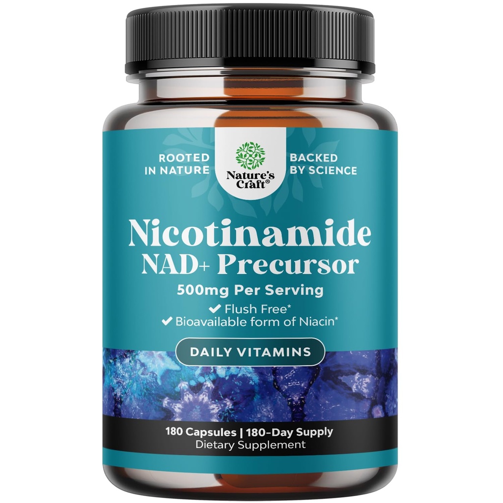 Vitamina B3 Niacinamide 500mg Capsules - Suplemento Mitocondrial de Energía y Potent - AKA Vitamina B3 Niacina 500mg Flush Gratis y Nicotinamide 500mg - Flush Free Niacin Suplemento - 180 Conde