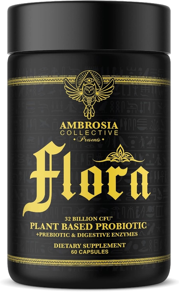 Ambrosia Flora Enzymes Digestivos con Probióticos y Prebióticos, Suplemento de Salud de Gut con base vegetal, 32 Billones CFU, Probiótico Vegano para Salud Digestiva (30 Servimientos)