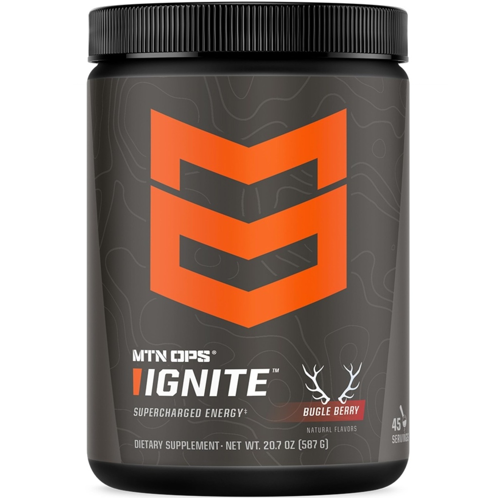 MTN OPS Ignite Energy Drink Powder, Gluten Free Nootropic Supplement Drink Mix, L Arginine, L Citrulline, Caffeine &amp; Nootropic Sugar Free Drink Mix, 45 Servings, Bugle Berry