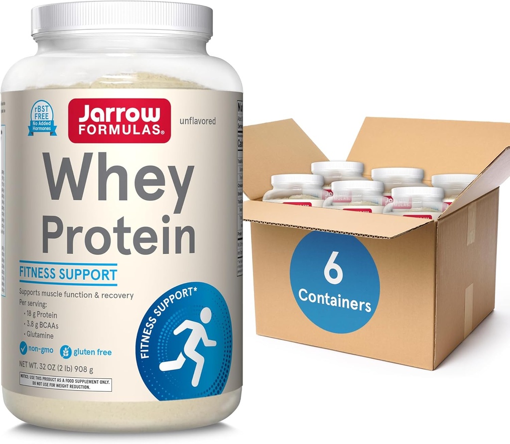 Fórmulas Jarrow Whey Protein Con 18g de Proteína, 3.8g de BCAAs, y Glutamina, Suplemento dietético para Función del Musculo &amp; Soporte de Recuperación, 32 oz Polvo Desarmado, Aproximadamente 38 Day Supply, 6 Packs
