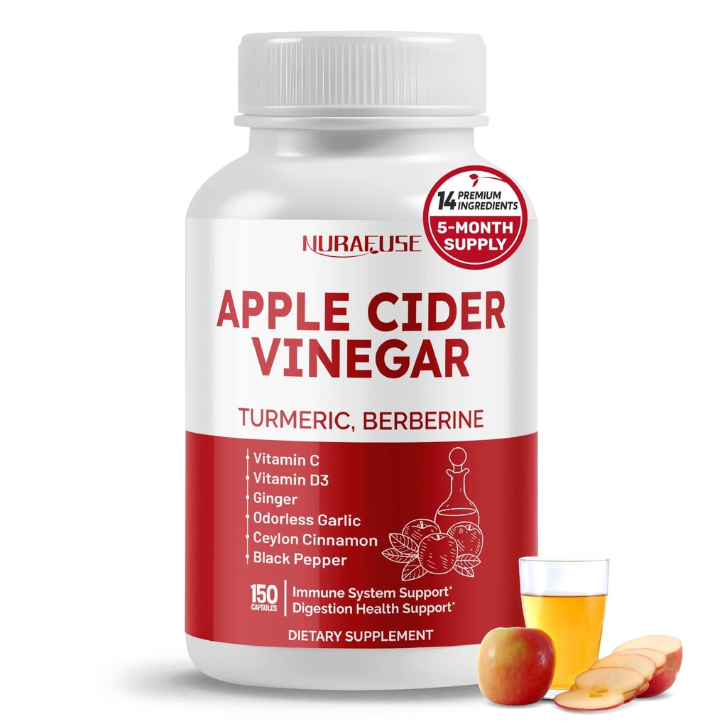 Apple Sider Vinegar 14-in-1 Suplemento con Turmeric Ginger Ajo Canela Fenugreek Blueberry Milk Thistle Banaba - Made in The USA