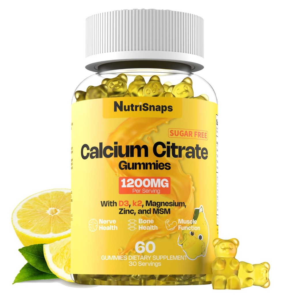 Gafas de Citrato de Calcio Gratuito de azúcar 1200 mg con vitamina D3 K2, Magnesio, Zinc, MSM para Hombres &amp; Mujeres, Hueso, Musculo, Apoyo Inmunitario, Última Absorción Suplemento de Calcio, Vegan, 60 Cuenta