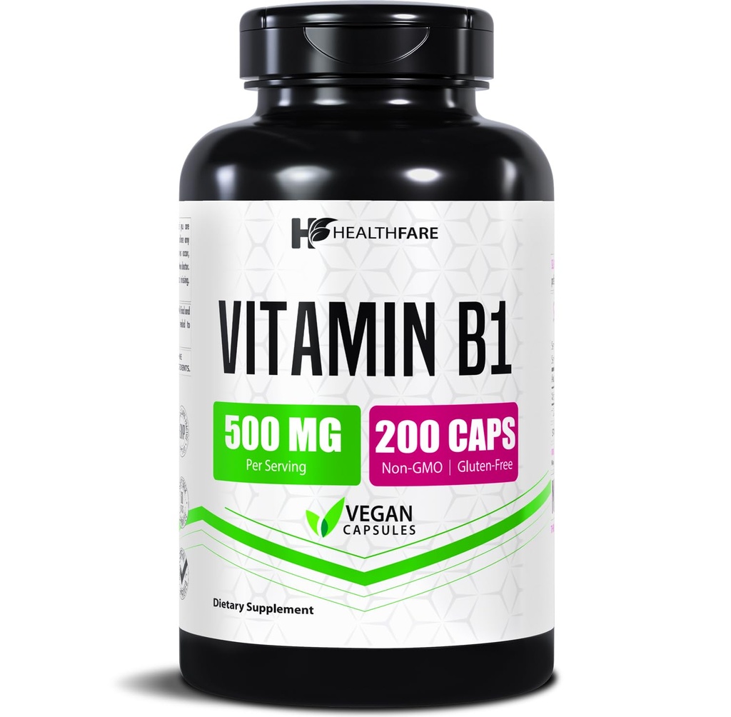 Healthfare Vitamin B1 (Thiamine) 500mg ← 200 Vegan Capsules ← Extra Strength High Potency Supplement ← Apoya Energy " Nervous System ← Non-GMO, Gluten-Free Silencio Made in USA