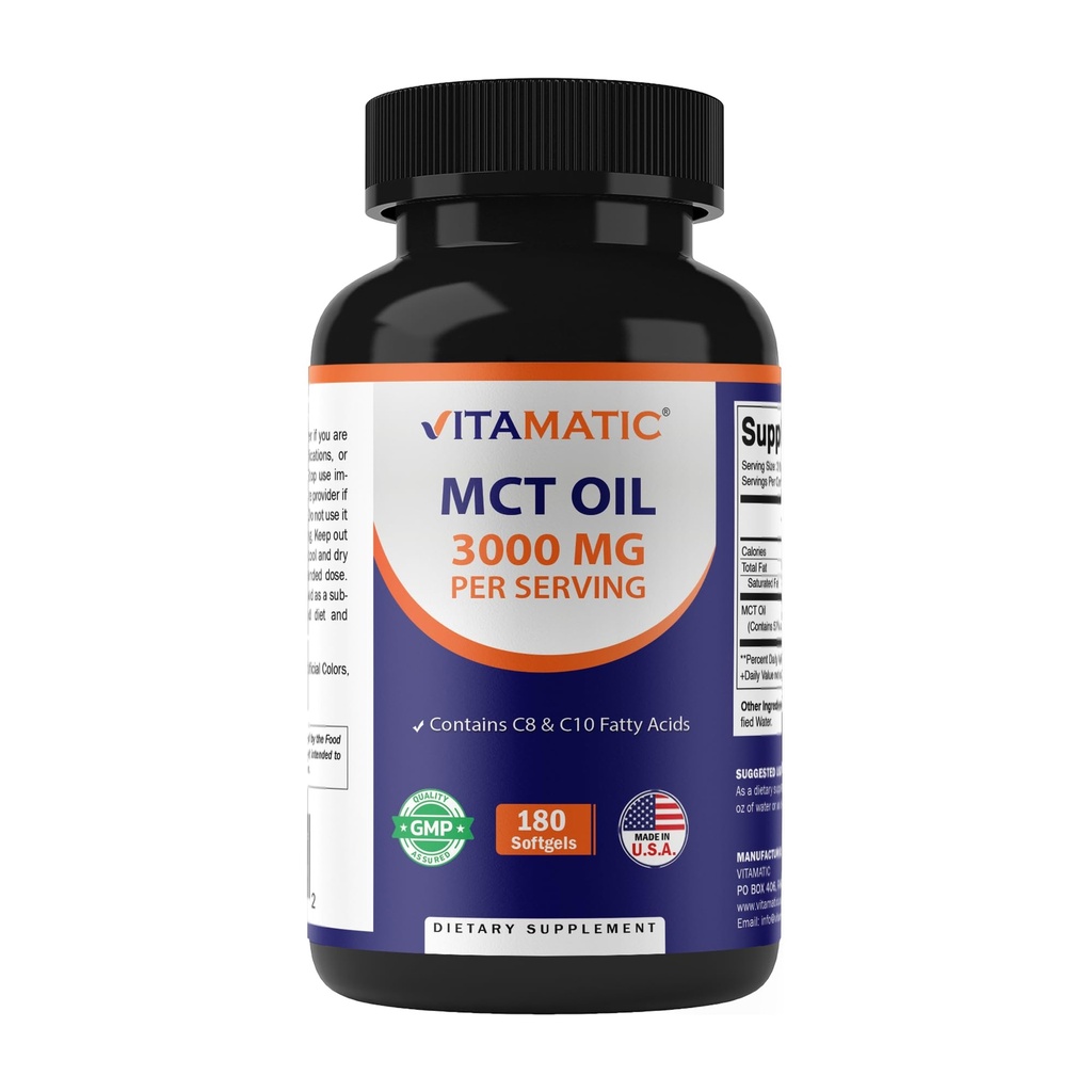 MCT vitamatic Aceite 3000 mg por Serving - 180 Softgels - de aceite de coco - Contiene 55% de ácido caprílico C8 y 40% cúrcuma Ácido C10
