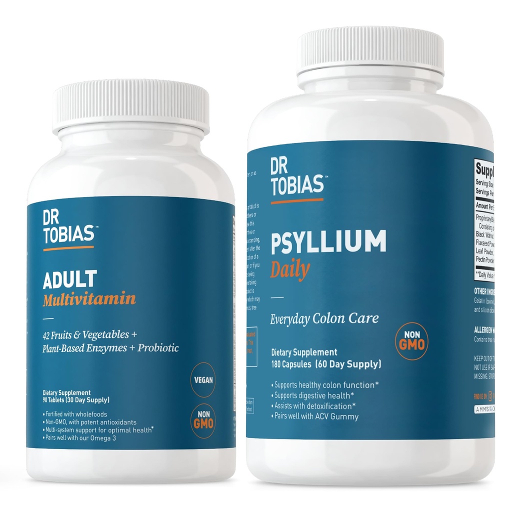 Dr. Tobias Adult Multivitamin " Psyllium Daily Supports Energy, Immunity " Healthy Bowel Movements with 42 Fruits " Vegatables, Psllium Husk, Bentonite Clay, Flaxseed " Natural Ingredients