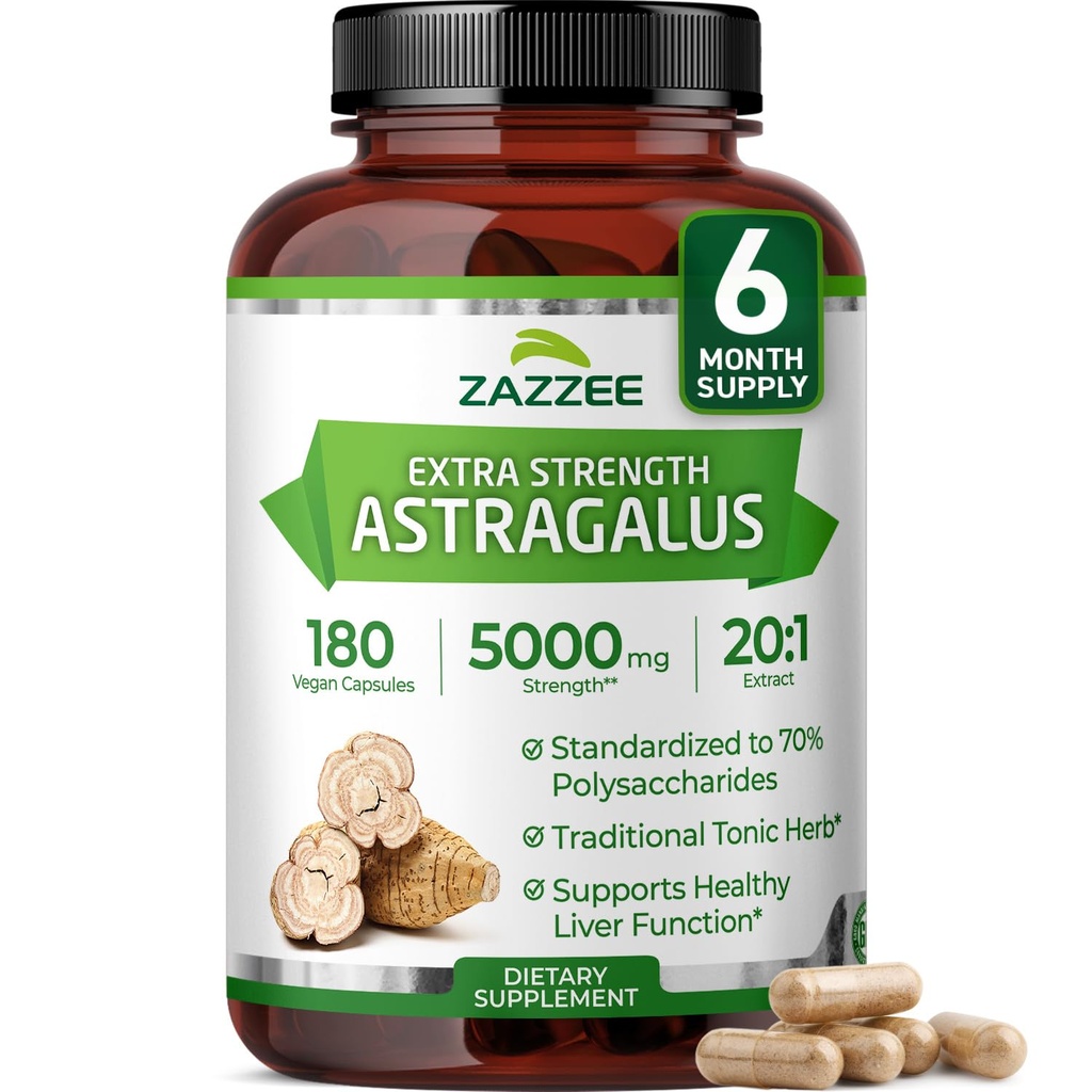 Zazzee Extra Strength Astragalus Root 20:1 Extract, 5000 mg Strength, 70% Polysaccharides, 180 Vegan Capsules, 6 Month Supply, 100% Vegetariano, Estándarizado y Concentrado 20X Extract, Non-GMO