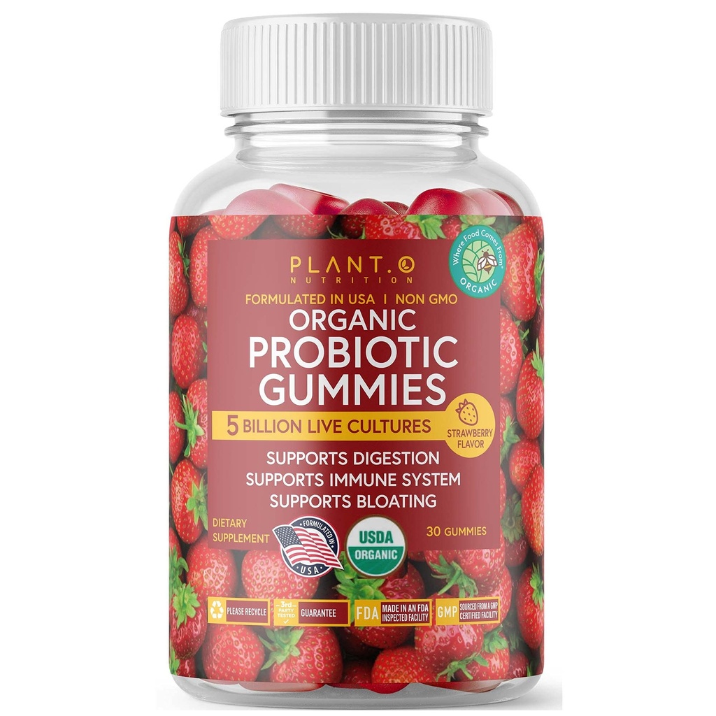 Planta.O Mangas Probióticas Orgánicas para Mujeres, Hombres [5 Billones CFUs USDA Certified] Ayuda Asistencia Digestión, Bloating, Constipation &amp; Immune System, Strawberry Flavor, 30 Probióticos Chewable