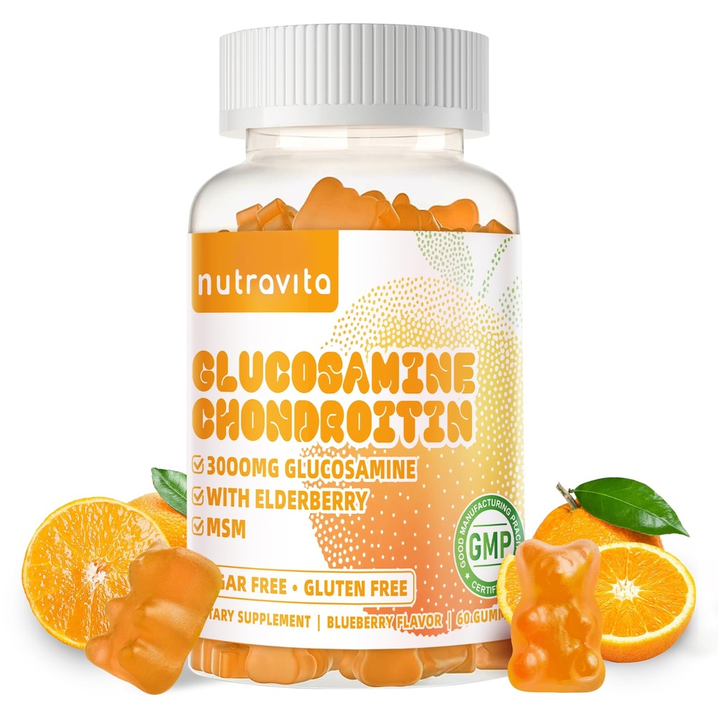 Nutravita Glucosamine Chondroitin Gummies with MSM & Elderberry Extra Strength - Joint Support, Antioxidant Immune Support Supplement for Adults, Men &amp; Women.60 Orange Chews