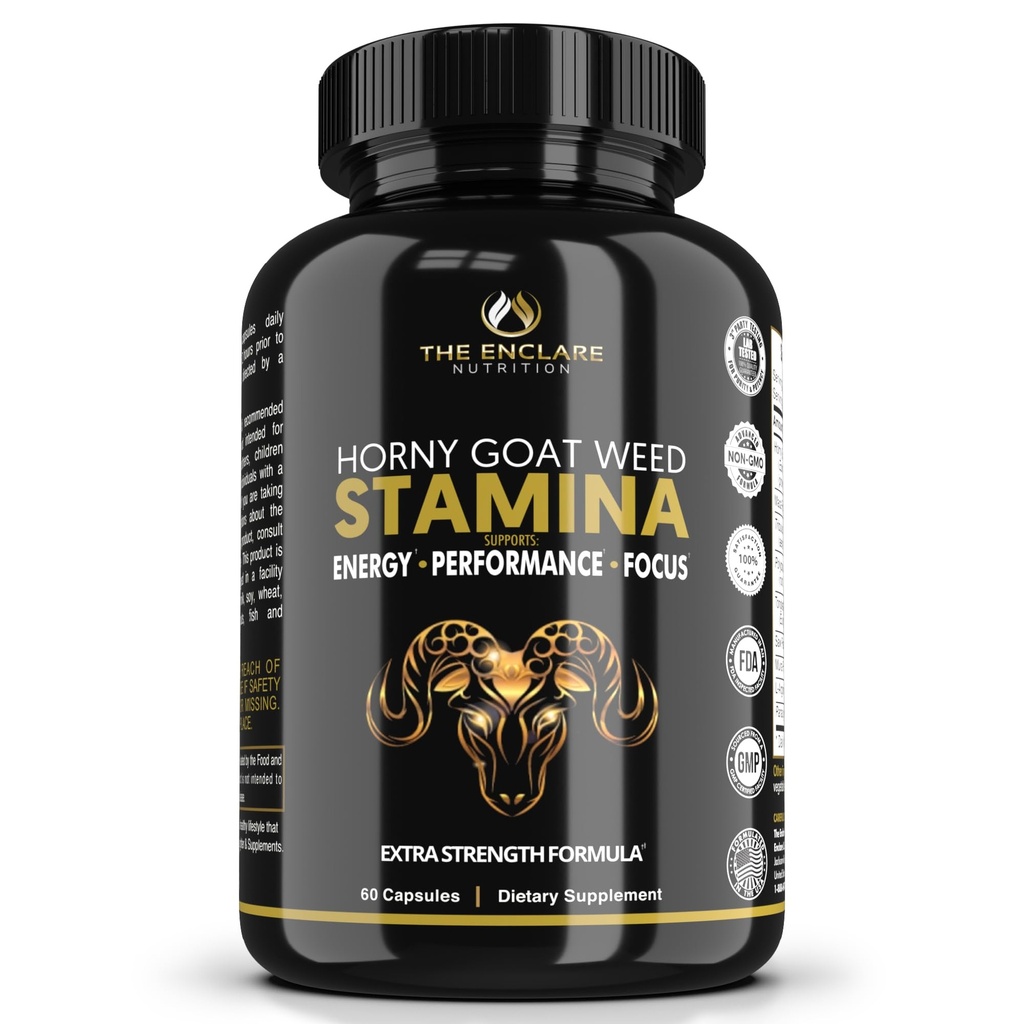 THE ENCLARE NUTRITION Horny Goat Weed for Men & Women with Maca Root Extract, Tribulus, L-Arginine, Ginseng, Saw Palmetto 1000mg Epimedium Icariin Performance, Circulation, Stamina, Energy Pills 60ct