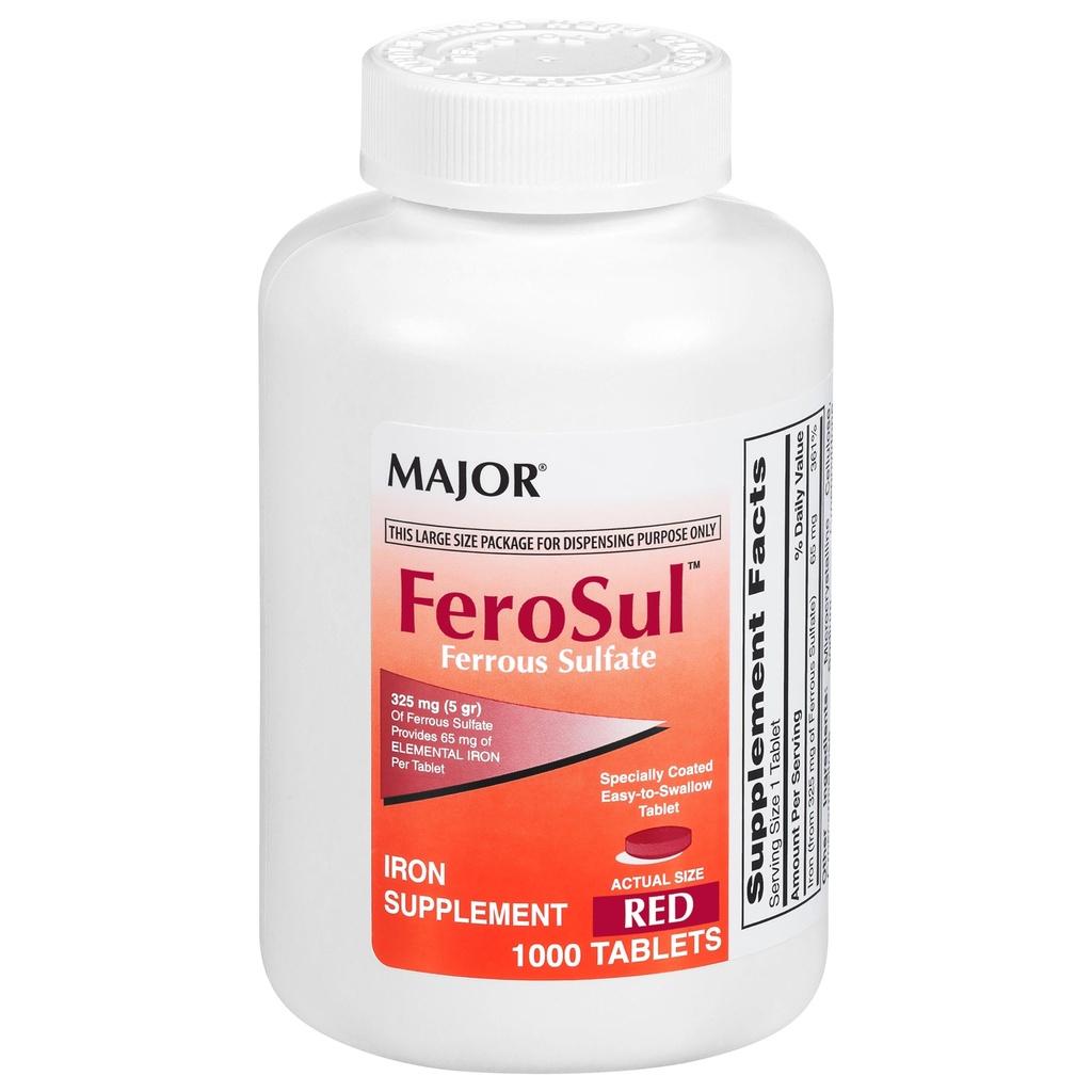 Major FeroSul - Sulfato ferroso 325 mg Tabletas - Suplemento de hierro para mujeres y hombres - Especialmente Coated Easy-to-Swallow Tablets - Rojo - 1000 Conde