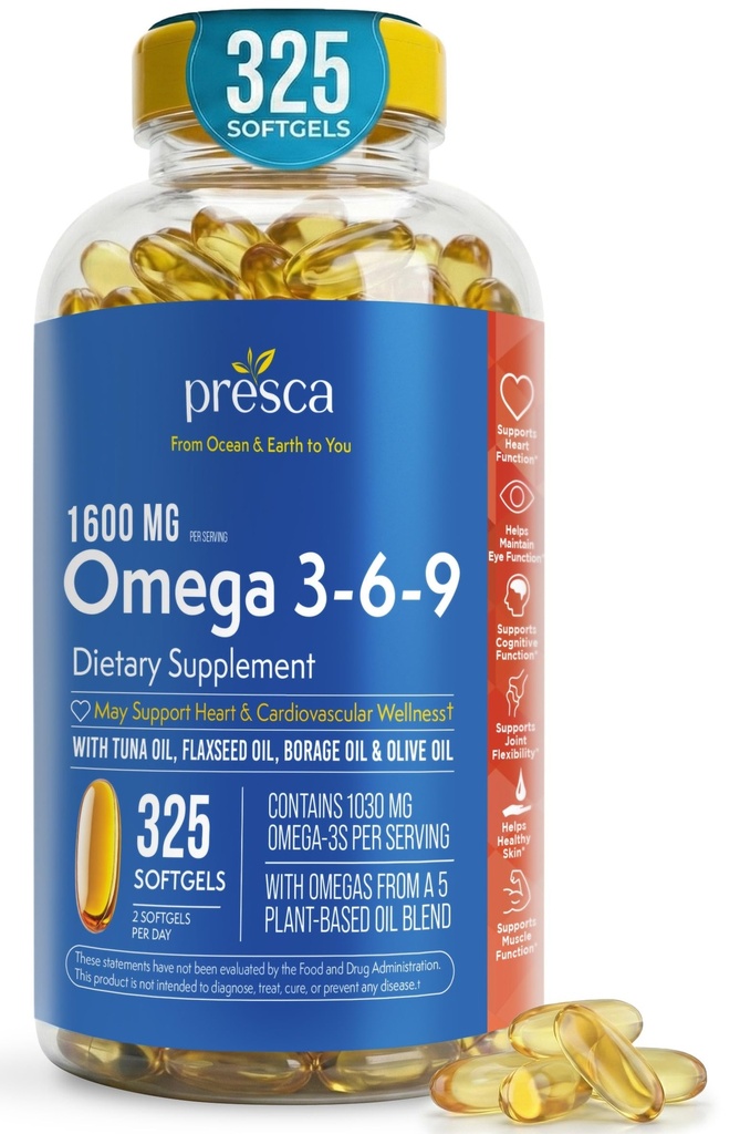 Omega 3-6-9 Suplemento dietético (325 ct.) - Promover la función visual y la salud de los ojos - Apoyo al corazón, la salud cardiovascular, la piel sana, el cabello y la salud general (Omega 3-6-9)