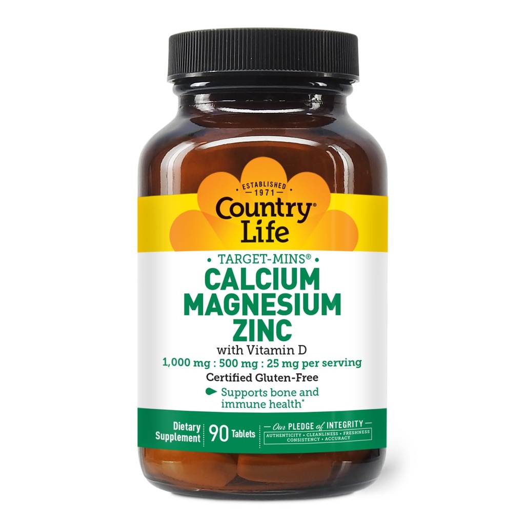 País Vida Calcio Magnesio Zinc con Vitamina D3 y L-Glutamic Ácido, Suplemento dietético para el soporte de hueso, Certified Gluten Free, 1000mg/500mg/25mg, 90 Tablets