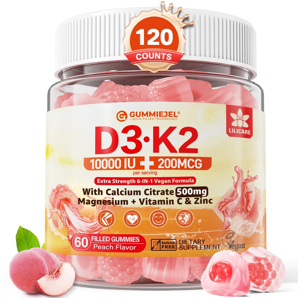 Vitamina D3 K2 Mangas llenas 5000IU / 10.000 UI con 500mg Calcio + K2(MK-7) 200mcg, Magnesio, Vitamina C & Zinc, Extra Strength - Ultimate Absorbency for Bones Muscles Teeth, Vegan -- Pack of 2