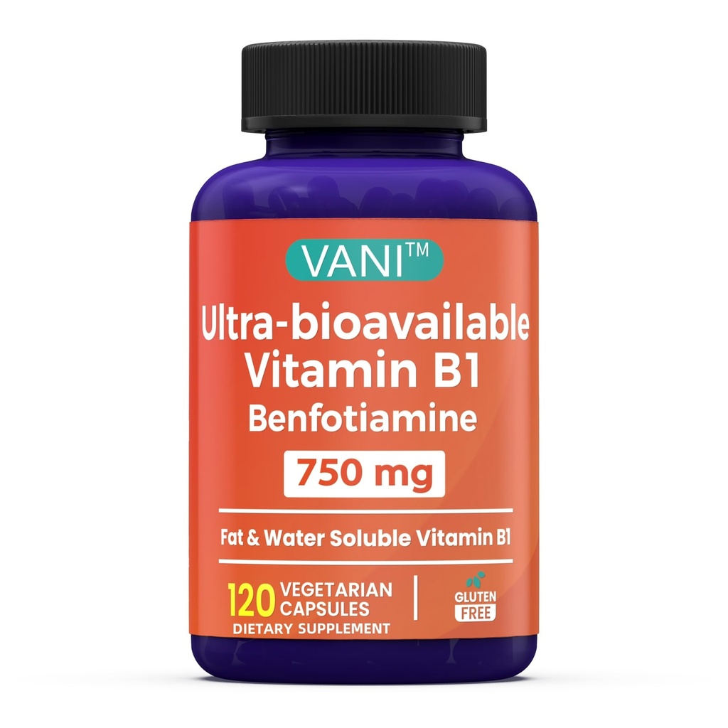 VANI 750MG Benfotiamine con B1, 5X Tiempo de grasa " Agua Soluble Thiamine B1 Suplemento – Tercera Parte Tested, No Gluten (120 cápsulas)