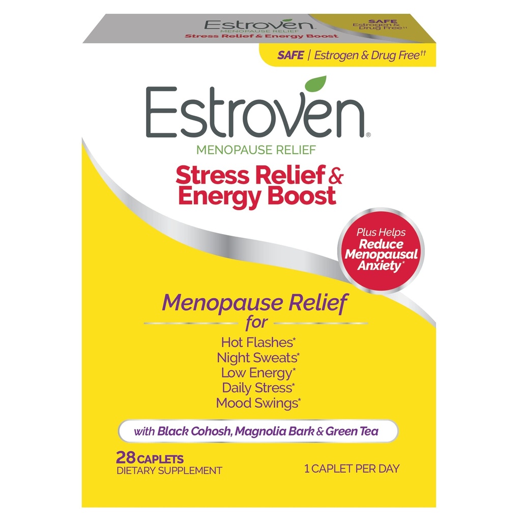Estroven Stress Relief & Energy Boost for Menopause Relief - 28 Ct. - Ingredientes de Proveedores Clínicamente Proporcionan Estrés " Energy Support + Night Sweats " Hot Flash Relief - Drug-Free and Gluten-Free