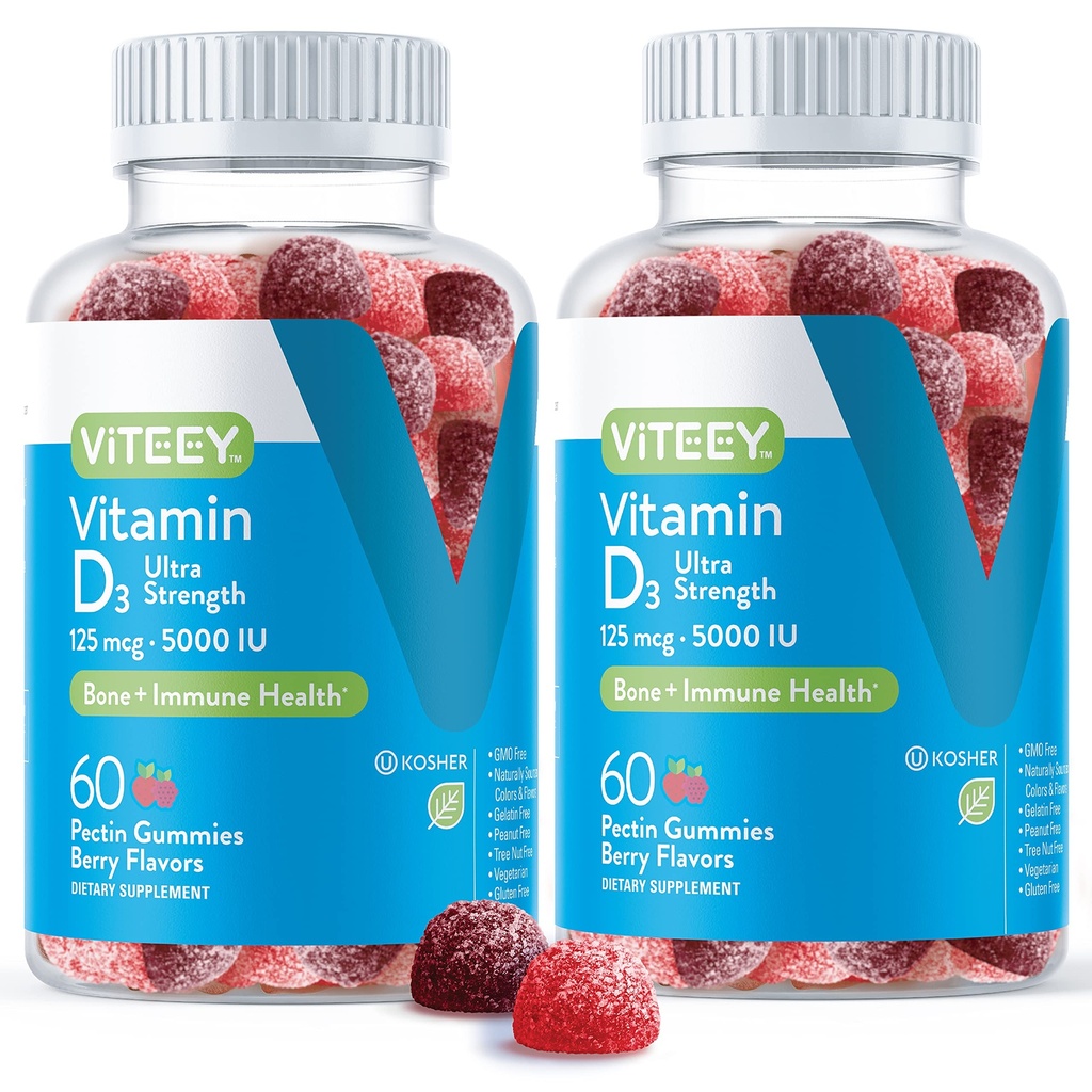Viteey Vitamina D3 Gummies para Adultos & Adolescentes - 5,000 UI, 125mcg, Ultra Strength - Conjunto &amp; Muscle Health, Immune Boost - Chewable Vitamin D Gummies - Vegetarian, Gelatin Gratis - Tasty Berry Flavored