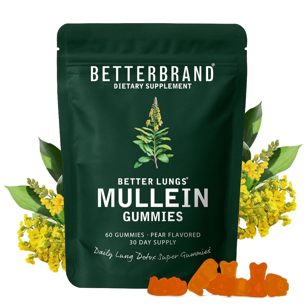 Mejor marca Mullein Gummies for Lungs – 1000mg Herbal Suplemento para el soporte respiratorio de detox pulmonar – Pear Flavor Chewable Breatheasy Gummy – 30 Day Supply