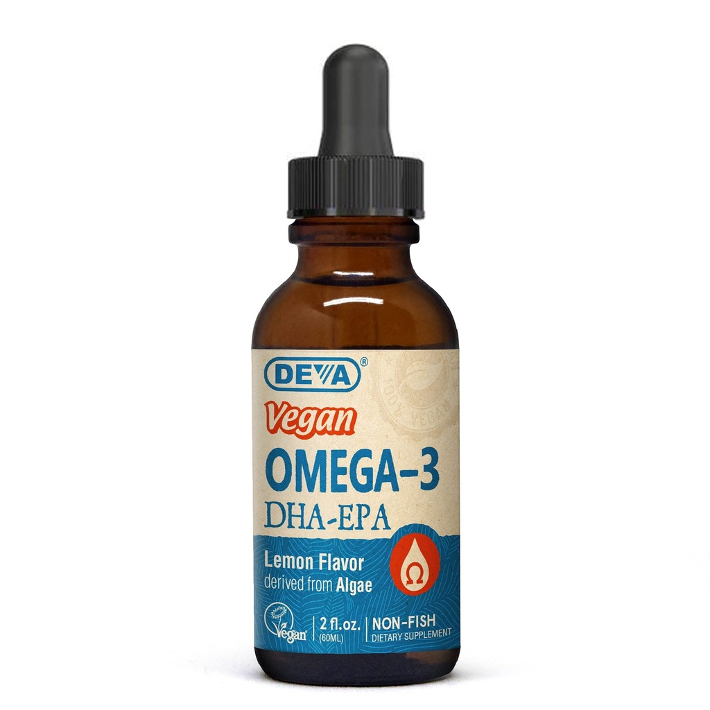 DEVA Vegan Omega-3 Liquid DHA - EPA, Non Fish de Algae, Lemon Flavor, 2 Ounce