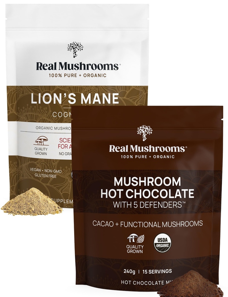 Real Mushrooms Hot Chocolate Mix (15 Servings) y Lion’s Mane (60 Servings) Powder Bundle - Mushroom Powder Supplement for Daily Immunity & Cognition Support - Gluten-Free, Non-GMO, Vegan