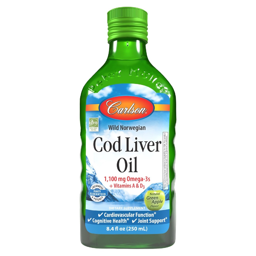 Carlson - Cod Liver Oil, 1100 mg Omega-3, Plus Vitaminas A y D3, Wild Caught Norwegian Arctic Cod Liver Oil, Sostentablemente Fuented Nordic Fish Oil Liquid, Green Apple, 250 mL (8.4 Fl Oz)