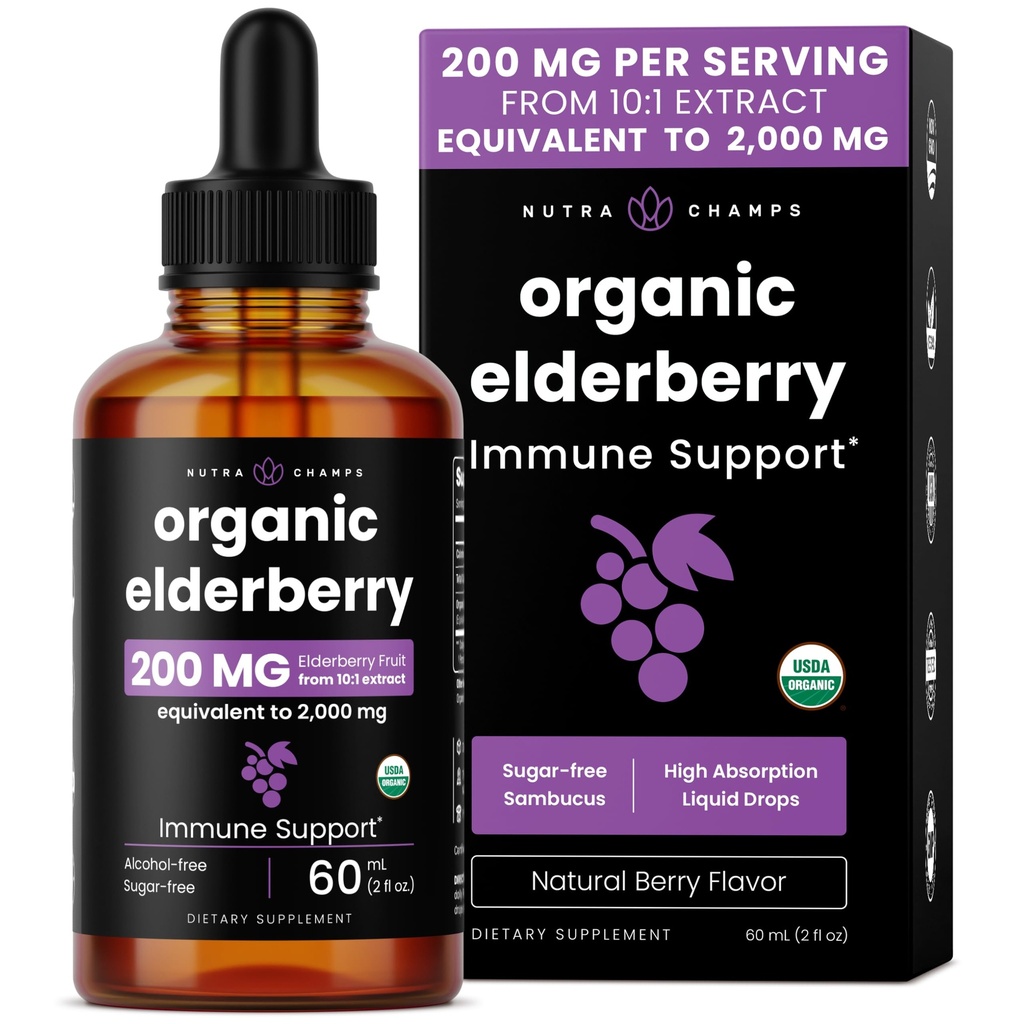 NutraChamps Black Elderberry Syrup, Potent 2000mg 10:1 Extracto Sambucus Elderberry Syrup Antioxidant, Drops Berry Flavor, Liquid Elderberry Extract Sugar-Free 2oz, Immune Support