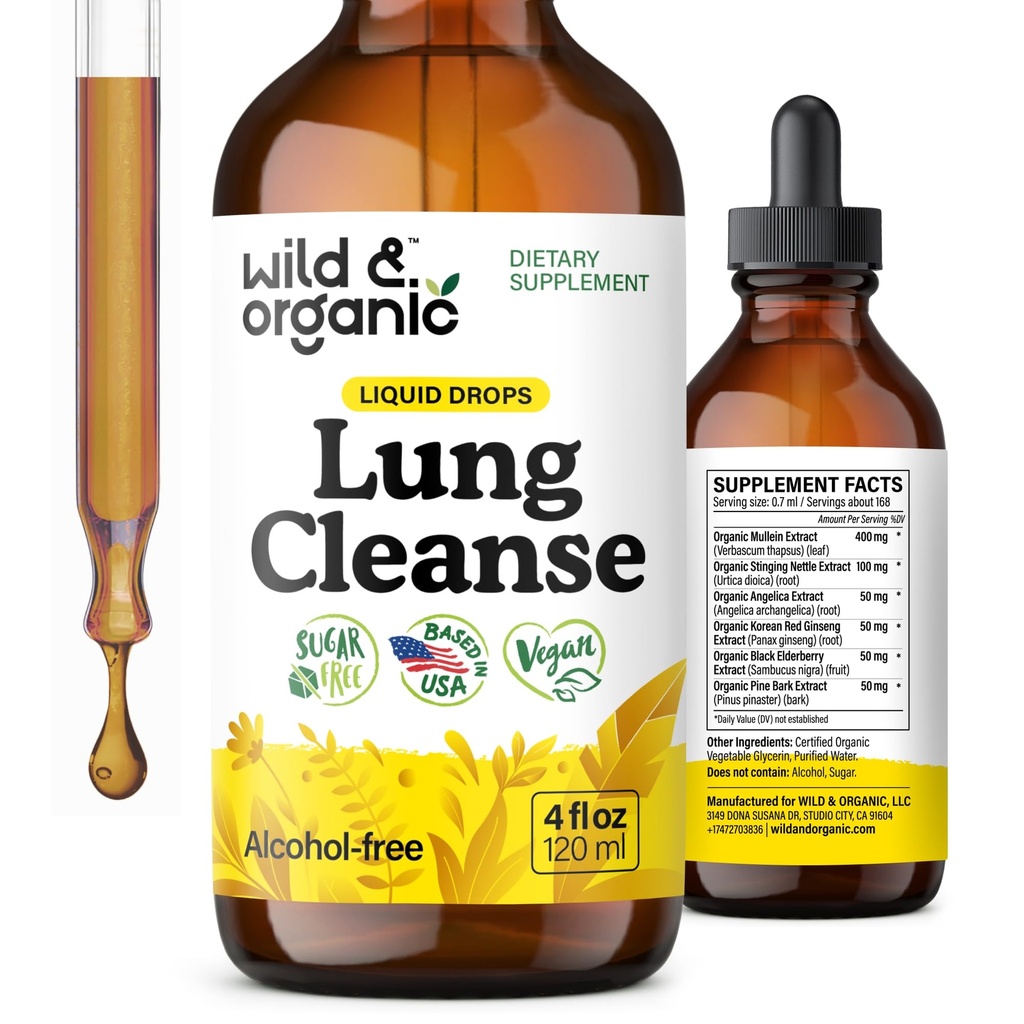Wild &amp; Organic Lung Cleanse Detox Tincture - Mullein Drops for Lungs - Herbal Mullein Extract Supplement - Vegan, Alcohol-Free Drops - 4 fl oz